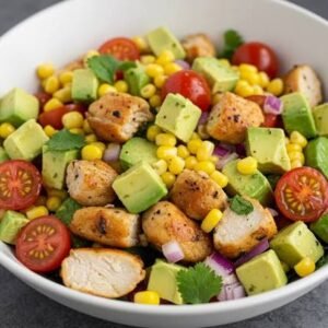 Ensalada mezclum de lechuga, aguacate, tomate Cherry, maíz tierno, aderezo cesar, crotones de queso para azar